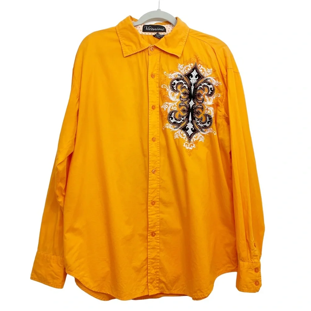 Victorious Mens Button Front Shirt Embroidered XL Fleur de Lis Orange Cotton - Picture 2 of 9